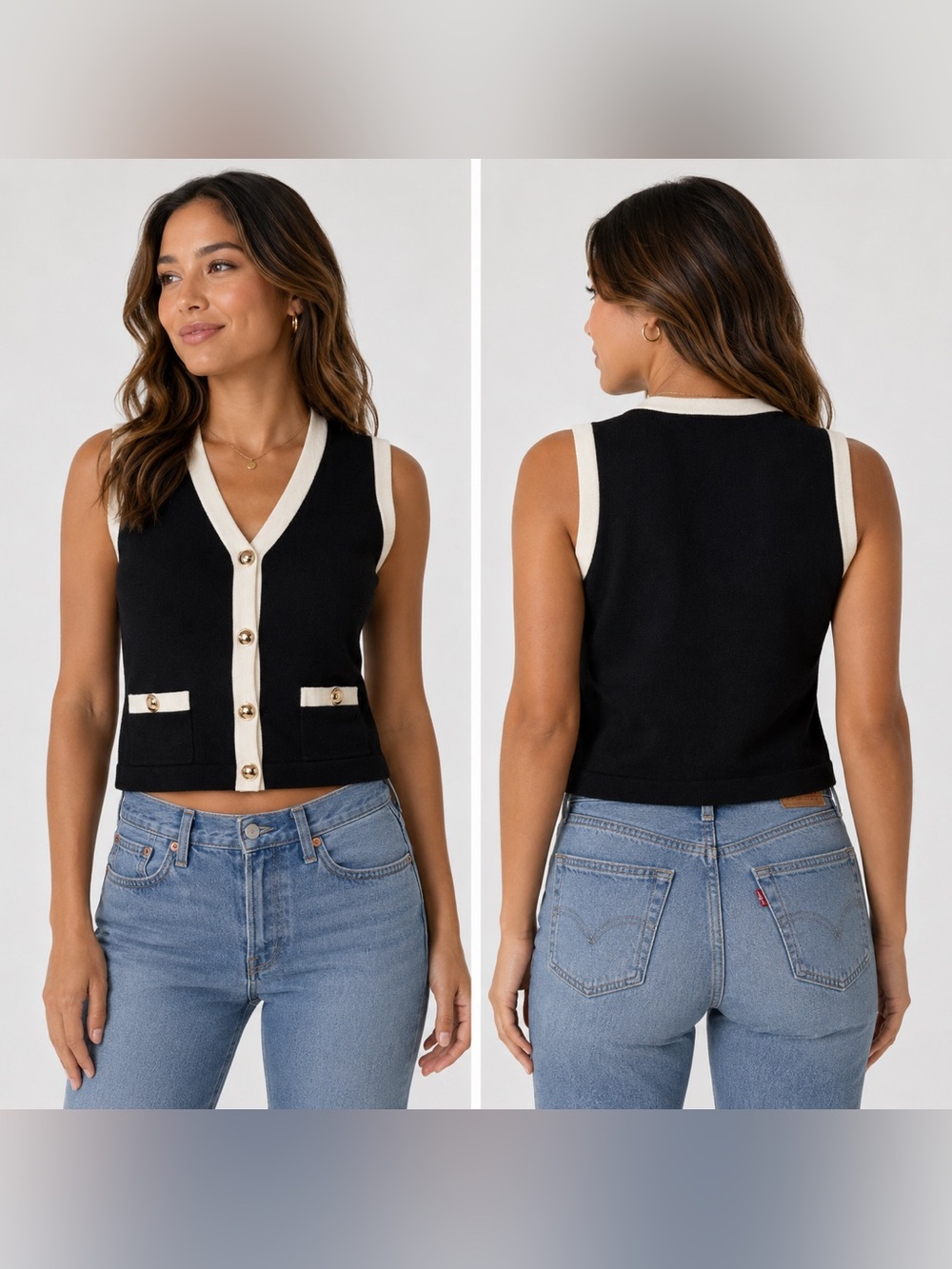 NWT Luvamia Black White Contrast Knit Sweater Vest Gold Buttons Size Small